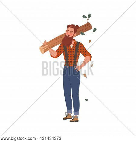 Bearded Woodman Or Lumberman In Checkered Shirt And Sling Pants Carrying Log On His Shoulder Vector 