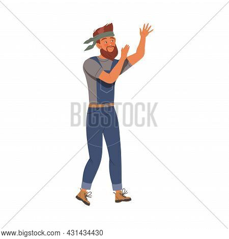 Bearded Woodman Or Lumberman In Blue Overall Waving Hand Vector Illustration