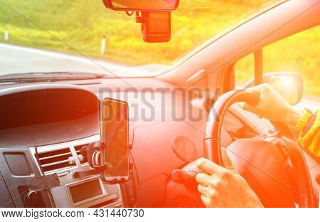 Man Drive Car. Mountain Road View. Responsible Travel Vacation. Staycation Concept. Roadtrip Weekend