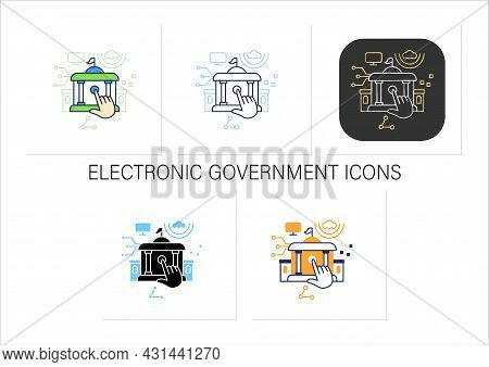 Electronic Government Icons Set. Digitalization. Solving Public Affairs Online.digital Transformatio