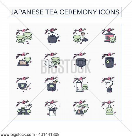 Japanese Tea Ceremony Color Icons Set. Japanese Ethnic And National Ritual. Japan Ancient Tradition.