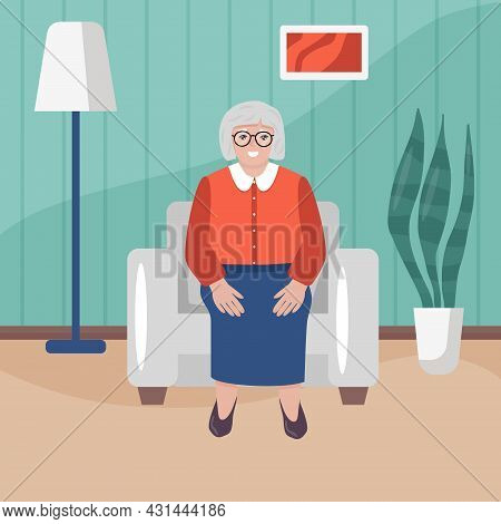 Happy Grandma Sitting In Armchair In Her House. Seniora Woman In Cartoon Style In Living Room. Flat 