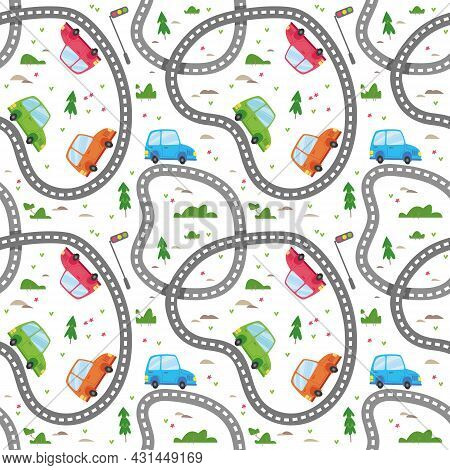 Seamless Pattern With Cute Cartoon Cars And Road. Amusing Multi-colored Cars On A White Background A