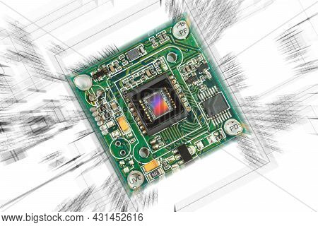 Collage Of A Printed Circuit Board With A Cmos Sensor Against The Background Of An Electrical Circui