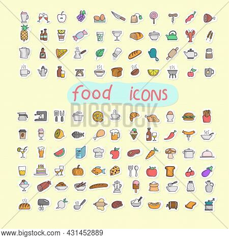 Colorful Food Icon Set In Sticker Style Hand Drawn Isolated On Yellow Background