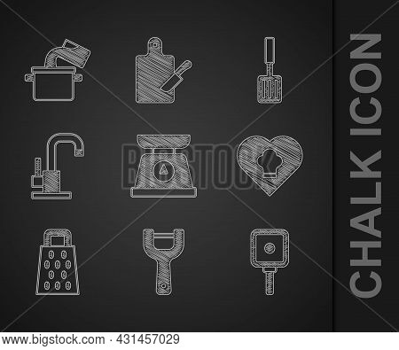 Set Scales, Vegetable Peeler, Frying Pan, Chef Hat, Grater, Water Tap, Barbecue Spatula And Cooking 