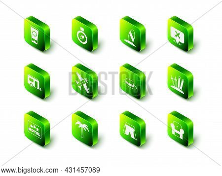 Set Compass, Surfboard, Speech Bubble With Airplane, Ski And Sticks, Armchair, Man Hat Ribbon, Short