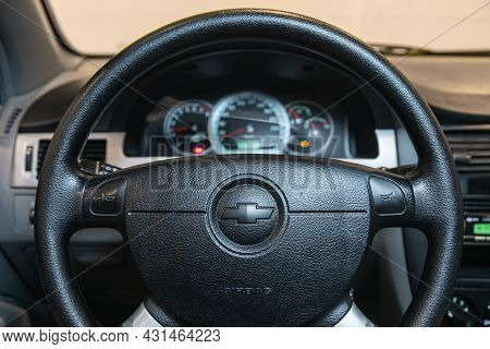 Novosibirsk, Russia - July 28, 2021: Chevrolet Lacetti, Steering Wheel With  Logo    And  Speedomete