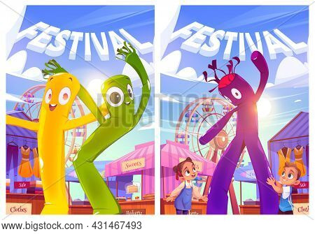 Festival Posters With Fair, Kids, Inflatable Tube Men And Ferris Wheel. Vector Flyers With Cartoon I
