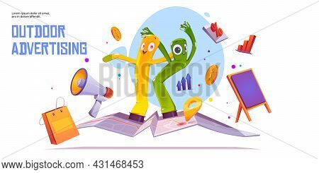 Outdoor Advertising Cartoon Banner. Inflatable Air Waky Men Figures, Dancing On City Map, Megaphone,