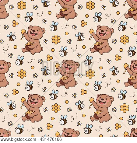 Surface Pattern Design With Teddy Bear, Honeybee Friends, Honey, Daisy, Honeycomb. Childish Backgrou