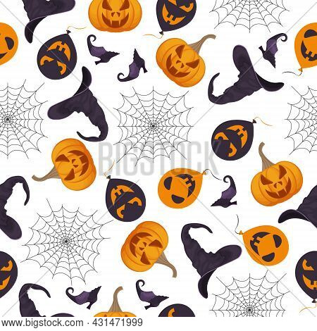 A Seamless Pattern With Halloween Symbols, Such As A Jack-o - Lantern Pumpkin, A Balloon With Creepy