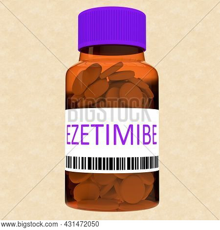 3d Illustration Of Ezetimibe Title On Pill Bottle, Isolated Over Bright Pattern.