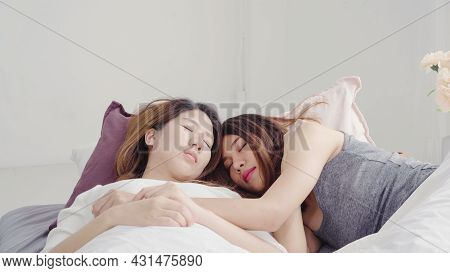 Asian Lesbian Lgbtq Women Couple Wake Up At Home. Young Asia Lover Female Happy Relax Rest Together 