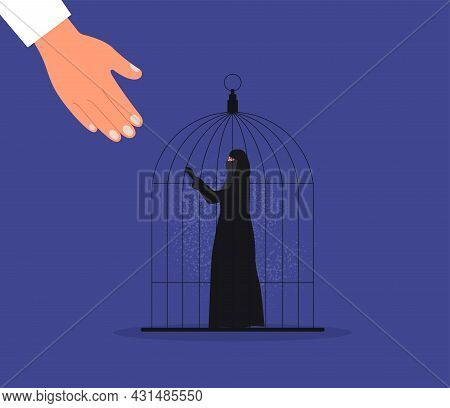 Woman Wearing Burqa. Muslim Woman In A Cage. Help Hand. Vector