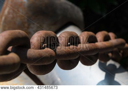 Close-up Of An Old Rusty Massive Chain Of An Old Tow Truck