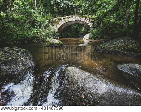 Old bridge of the Ribeyrolles in Gorges of the monne river in the green forest, olloix, Puy-de-DÃ´me, Auvergne