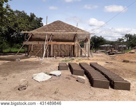 School Building Under Construction In An Undeveloped Country In Africa. Developing Countries And Rel