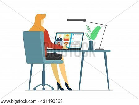 Woman And Group People On Laptop Screen Taking Part Web Conference. Virtual Work Meeting And Distanc