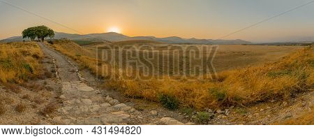 Panoramic Sunset View Of Hula Valley Landscape With Countryside And The Galilee Mountains, Viewed Fr