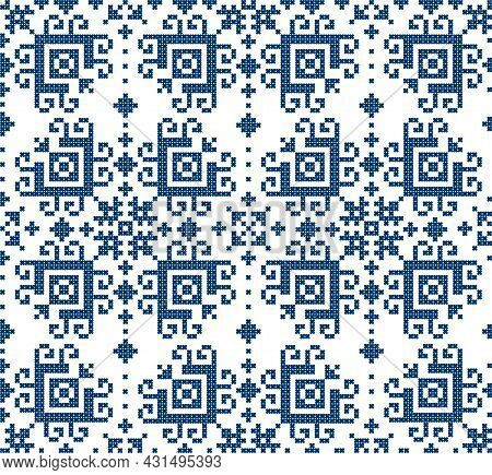 Floral Traditional Zmijanje Cross Stitch Style Vector Folk Art Seamless Pattern - Textile Or Fabric 