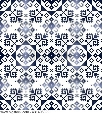 Retro Zmijanje Embroidery Style Vector Folk Art Seamless Pattern - Textile Or Fabric Print Cross Sti