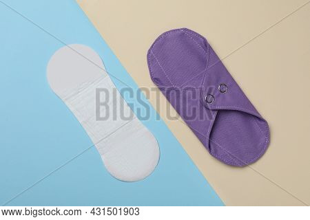 Pantyliner And Reusable Menstrual Pad On Color Background, Flat Lay