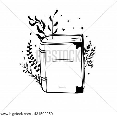 Old Book Icon, Antique Tome Sketch, Linear Hand Drawing In Boho Style, Vector Illustration Isolated 