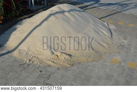 A Pile Of Silica Sand Fraction 0-4 Mm Used As A Material For Backfilling The Joints Between The Tile