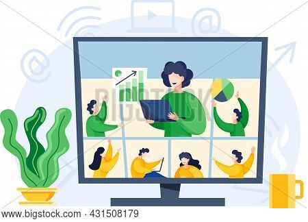 Video Conference Online Meeting. People Group On Computer Screen Taking With Colleague. Online Conve