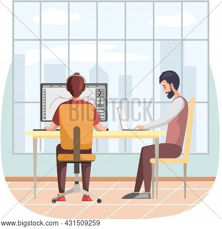 Graphic Designer Creating His Artwork Using Computer Software And Lising Music. Digital Artist, Illu