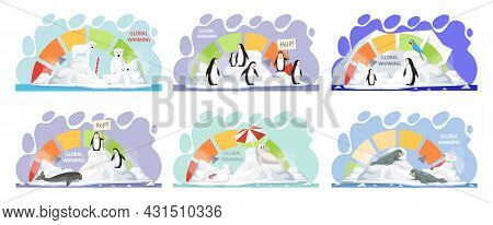 Global Warming, Environment Pollution, Global Warming Heating Impact. Change Climate. Penguins And P