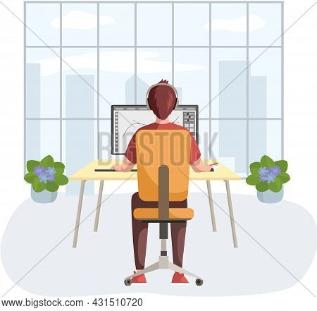 Graphic Designer Creating His Artwork Using Computer Software And Lising Music. Digital Artist, Illu