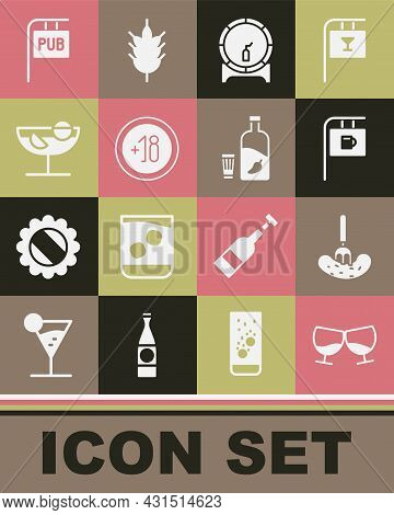 Set Glass Of Cognac Or Brandy, Pickled Cucumber On Fork, Street Signboard With Bar, Wooden Barrel Ra
