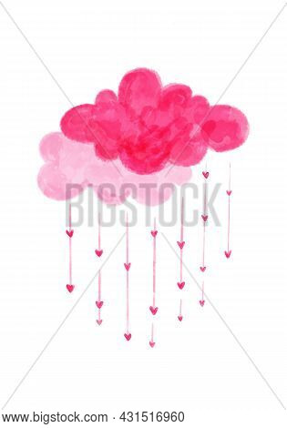 Cloud With Rain Of Hearts, Watercolor Illustration For The Day Of All Lovers.
