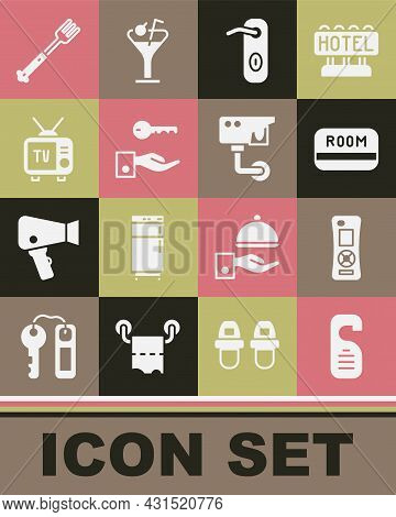 Set Please Do Not Disturb, Remote Control, Hotel Key Card, Door Handle, Door Lock, Retro Tv, Fork An