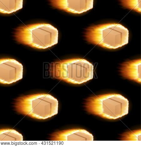 Cardboard Box With Cargo Is Flying On Fire Pattern. Global Mail Delivery. Vector Stock Illustration.