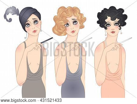 Flapper Girl Set.rretro Women Of Twenties. Vector Illustration. Art Deco Vintage Invitation. Retro P