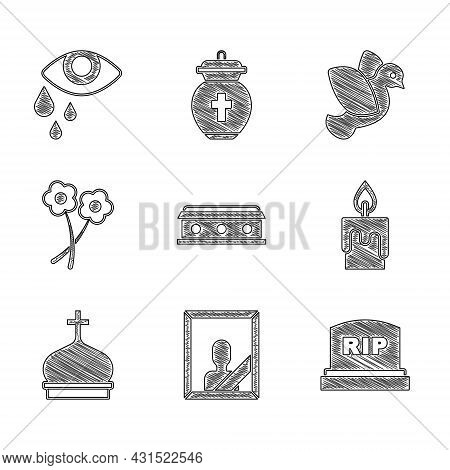 Set Coffin With Cross, Mourning Photo Frame, Tombstone Rip Written, Burning Candle, Church Tower, Fl