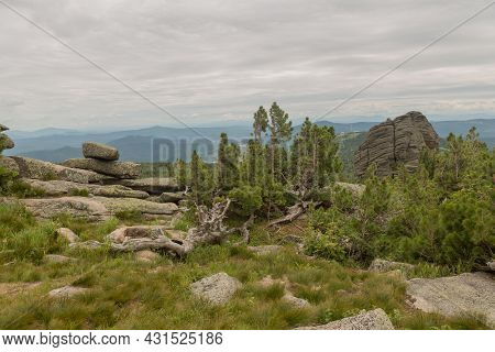 Large Kurum Stones Lie In The Forest In The Mountains, Stones Covered With Moss, Against The Backgro