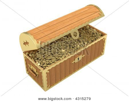 Cofre de madera con monedas de oro