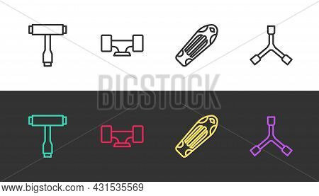 Set Line Skateboard T Tool, Wheel, Deck And Y-tool On Black And White. Vector