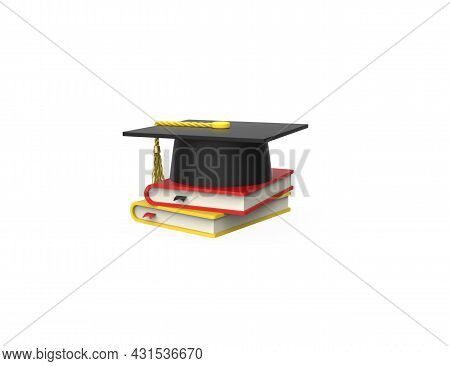 Square Black Academic, Mortarboard Hat Or Graduation Cap With Tassel Mortar Board And Books. 3d Rend