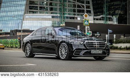 Mercedes-benz S-class W223 S450 4matic On The Road In Motion. Fast Speed Drive On City Road. Front S