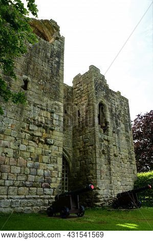 A view of the ruins of the medieval castle building in Etal in Northumberland