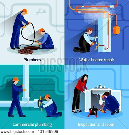 Plumber Design Concept Set With Pipes Repair Flat Icons Set Isolated Vector Illustration