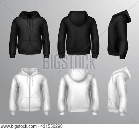 Set Of Black And White Male Hooded Sweatshirts In Realistic Style Isolated Vector Illustration