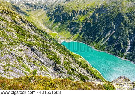 Beautiful Alpine Walley With Azure Blue Water Of Speicher Zillergrundl Dam, Zillertal Alps, Austria