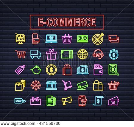 Shopping Set Neon Icon For Web Design. E Commerce. Discount Coupon. Business Icon. Price Tag. Line V