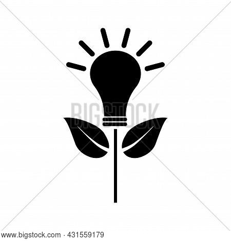 Black Eco Lamp Stem Icon. Save And Care Nature Concept. Economy Electricity Emblem. Vector Illustrat